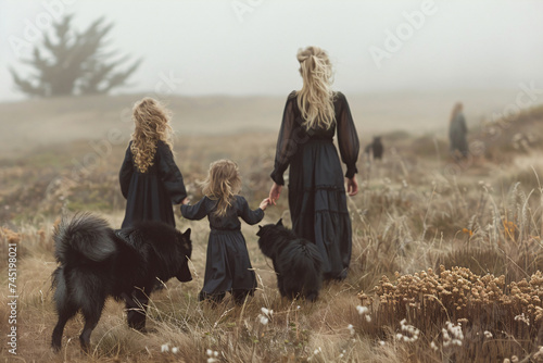 Mystical family walk with dogs in a foggy meadow. Family adventure and nature bonding concept for design and print