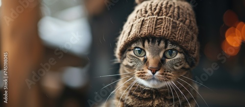 A close-up view of a funny brown cat wearing a knitted hat, staring directly at the camera. The cats playful expression is highlighted by the cozy hat. photo