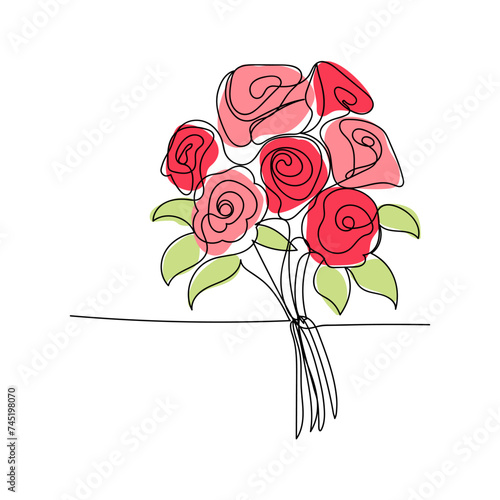  line art, bouquet of flowers roses spring and summer, drawing with one line. vector illustration white background