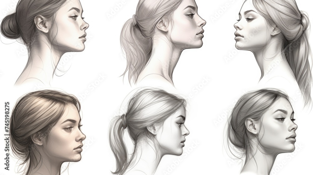 A drawing of a woman's face showing various expressions, perfect for illustrating emotions in design projects
