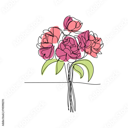  line art, bouquet of flowers peonies spring and summer, drawing with one line. vector illustration white background