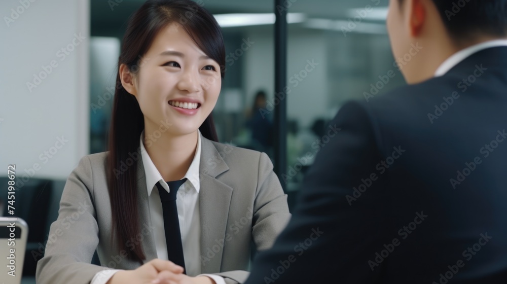 Businesswoman in a suit shaking hands with businessman, ideal for business concepts Businesswoman in a suit shaking hands with businessman, ideal for business concepts