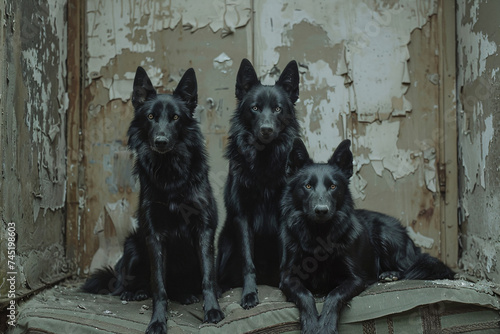 Three black dogs sitting on an old sofa. Abandoned place pet portrait with copy space for design and print