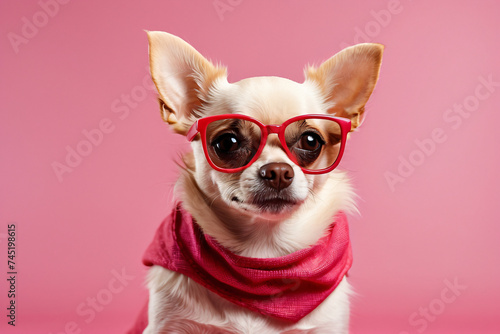 white chihuahua wearing sunglasses and a pink bandana © IOLA
