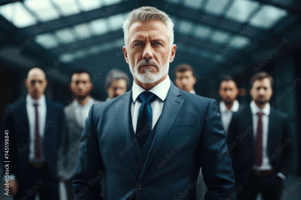A man in a suit standing in front of a group of men. Ideal for business concepts A man in a suit standing in front of a group of men. Ideal for business concepts