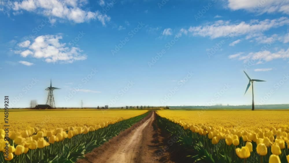 Stunning landscape of tulip field and windmill under a clear blue sky. Stunning landscape of tulip field and windmill under a clear blue sky.