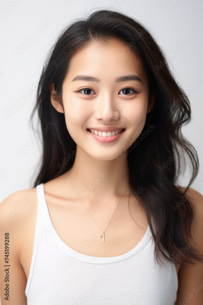 A woman with long black hair smiling at the camera. Perfect for lifestyle and beauty concepts A woman with long black hair smiling at the camera. Perfect for lifestyle and beauty concepts