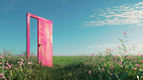 Surreal Concept of a Pink Door Opening to a Lush Green Meadow