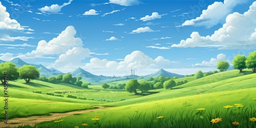 A serene painting of a green field with trees and colorful flowers. Suitable for nature and landscape themes