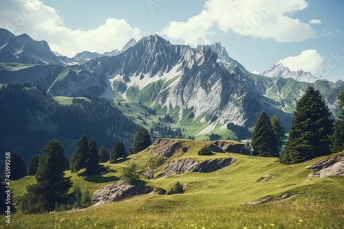 Scenic view of trees and mountains in a grassy field. Perfect for nature backgrounds © Fotograf