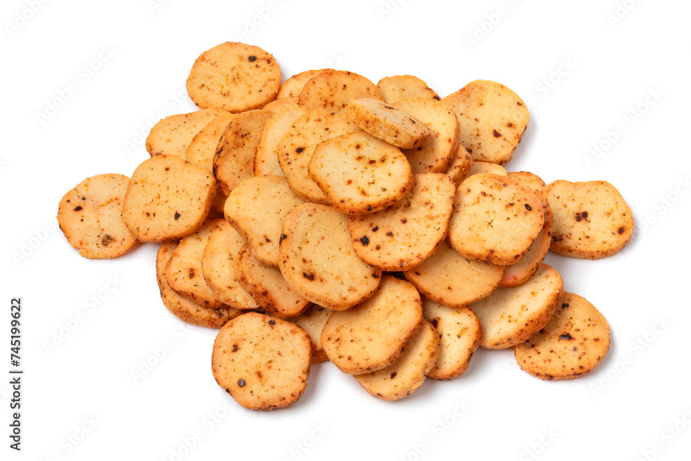 Heap of traditional Moroccan Krichlate spicy miniature shortbread cookies isolated on white background Heap of traditional Moroccan Krichlate spicy miniature shortbread cookies isolated on white background