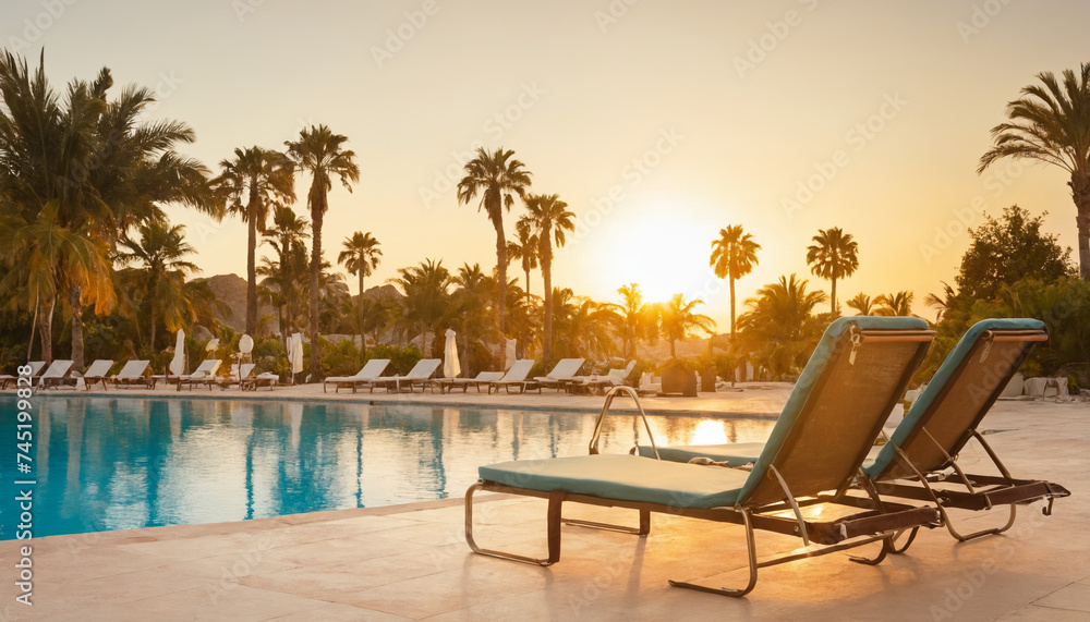 Fototapeta premium Sun loungers stand by the pool