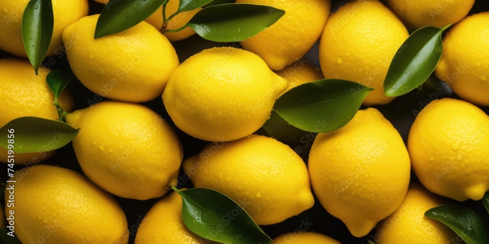 Fresh lemons with vibrant green leaves, perfect for food and beverage concepts