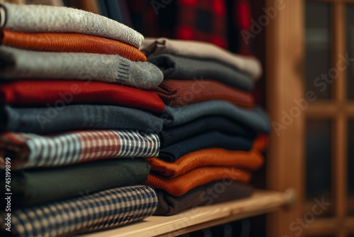 A stack of neatly folded shirts on a shelf