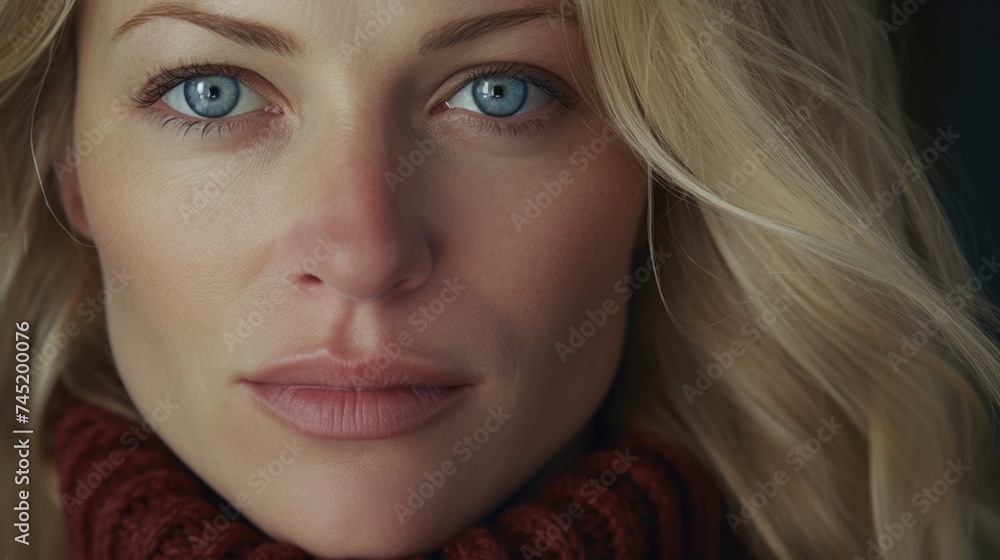Close up of a woman wearing a scarf, suitable for fashion or winter themes Close up of a woman wearing a scarf, suitable for fashion or winter themes