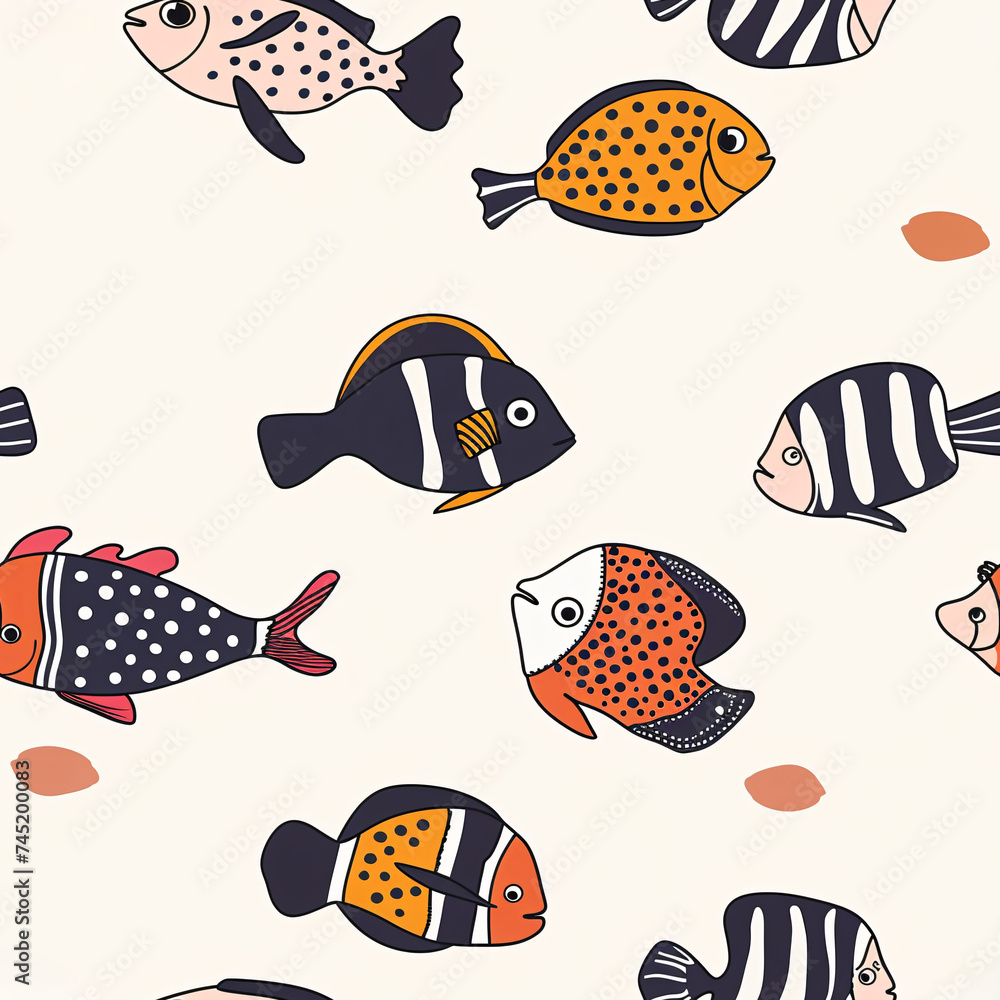 Seamless pattern of marine life colorful fish hand drawing on simple backgrounds, Fun animal pattern, generated ai