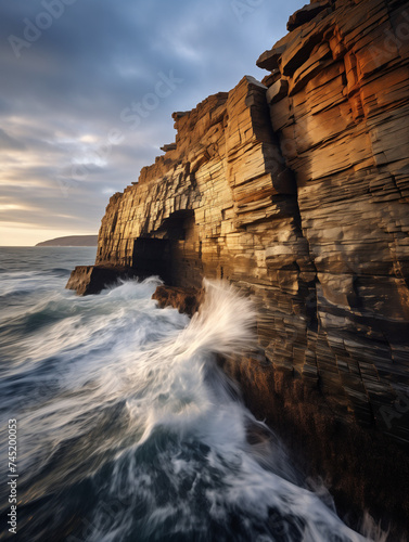 Steep coast with stormy seas and lashing waves