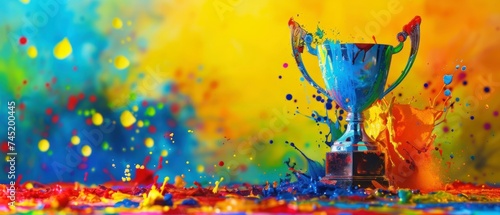 Vibrant Paint Splatter Trophy, Abstract trophy amidst vibrant splashes of paint, representing the celebration of creativity and diversity.