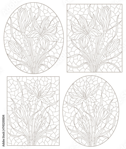 Set of contour illustrations in stained glass style with hyacinth flowers, dark outlines on a white background