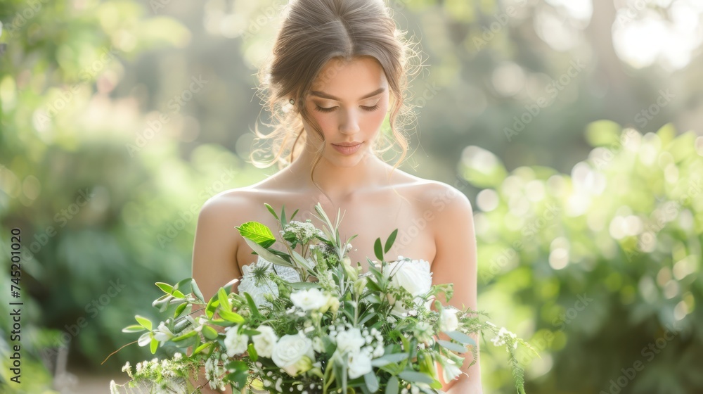 Elegant Bride Holding a Bouquet of White Flowers in Sunlit Nature Elegant Bride Holding a Bouquet of White Flowers in Sunlit Nature