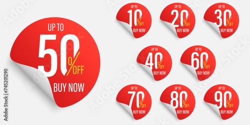 Different discount price 10, 20, 25, 30, 40, 50, 60, 70, 80, 90  Promotion sticker badge set for shopping marketing and advertisement clearance sale, special offer, Save money. Vector illustration.