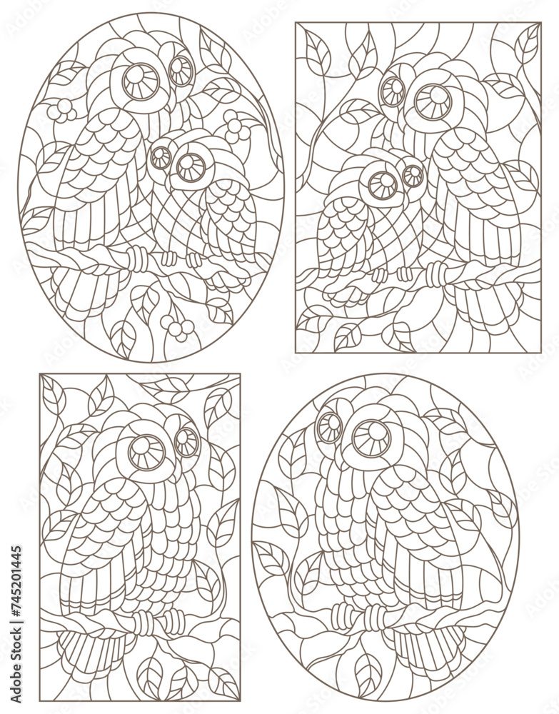 Set of contour illustrations in a stained glass siyle with a cute owls on a branches, dark contours on white background Set of contour illustrations in a stained glass siyle with a cute owls on a branches, dark contours on white background