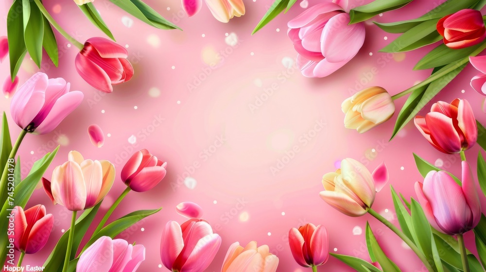 Background with pink tulip flowers, floral frame with copyspace for your text. Spring concept, pink colored.