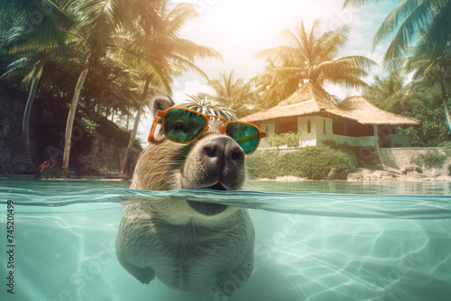 Cute capybara swims in a pool with turquoise water. Funny rodent on the background of palm photo