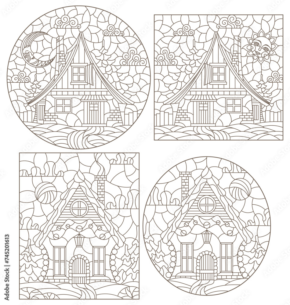 Set of contour illustrations in stained glass style with cozy rural houses on a background of fir trees and sky, dark contours on a white background, rectangular images