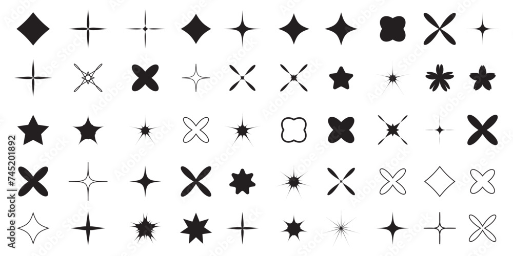 Naklejka premium Hand drawn star sparkle shine of doodle set. Star shine twinkle glow, spark glitter, magic party light vector illustration. Hand drawn sketch doodle style line sparkle elements. Vector illustration.