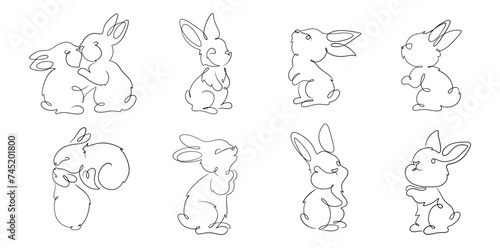 Set of drawing Easter rabbit. Cute bunny in the line art style, minimal logo tattoo