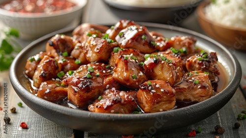 a Filipino adobo dish, chicken or pork in a savory soy sauce marinade, authentic style photo
