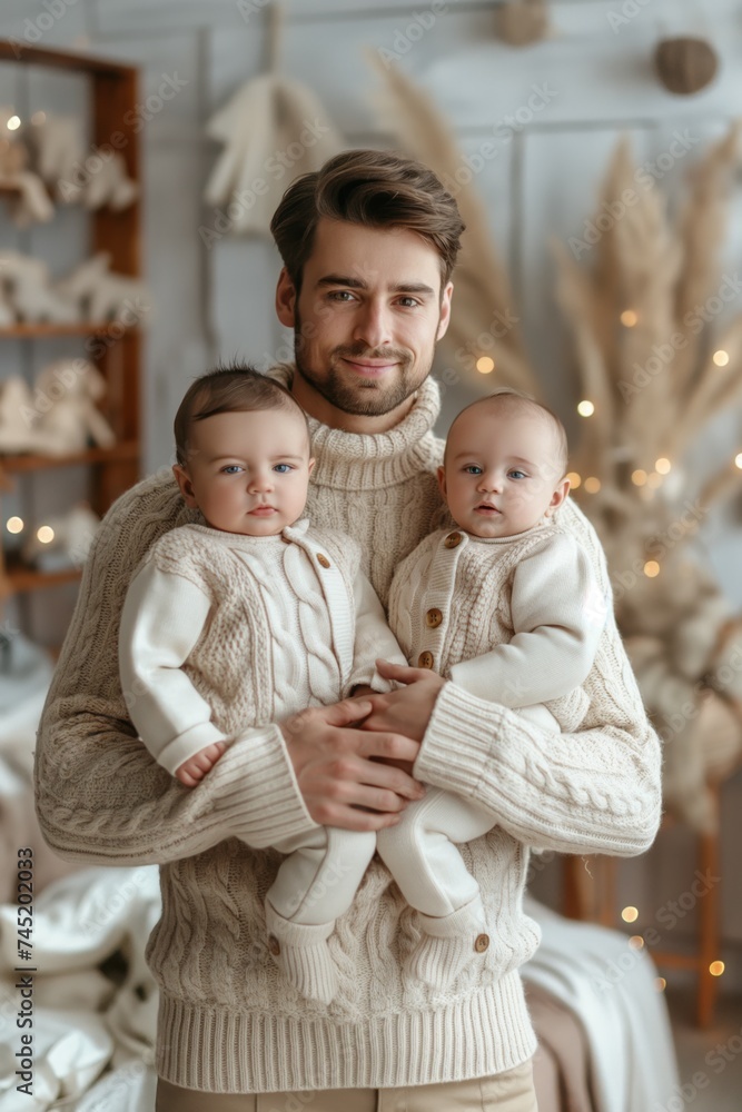 Obraz premium Father Holding Twin Babies in Cozy Sweaters