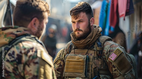 Determined soldier in uniform having a discussion in a bustling market area. clear focus and vibrant colors. military style captured in a real-world setting. suitable for editorial use. AI