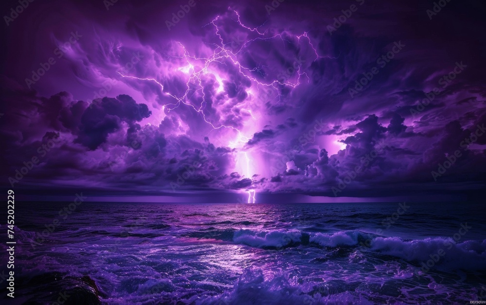 Lightning Bolt Illuminating the Night Sky Over the Ocean - obrazy, fototapety, plakaty 