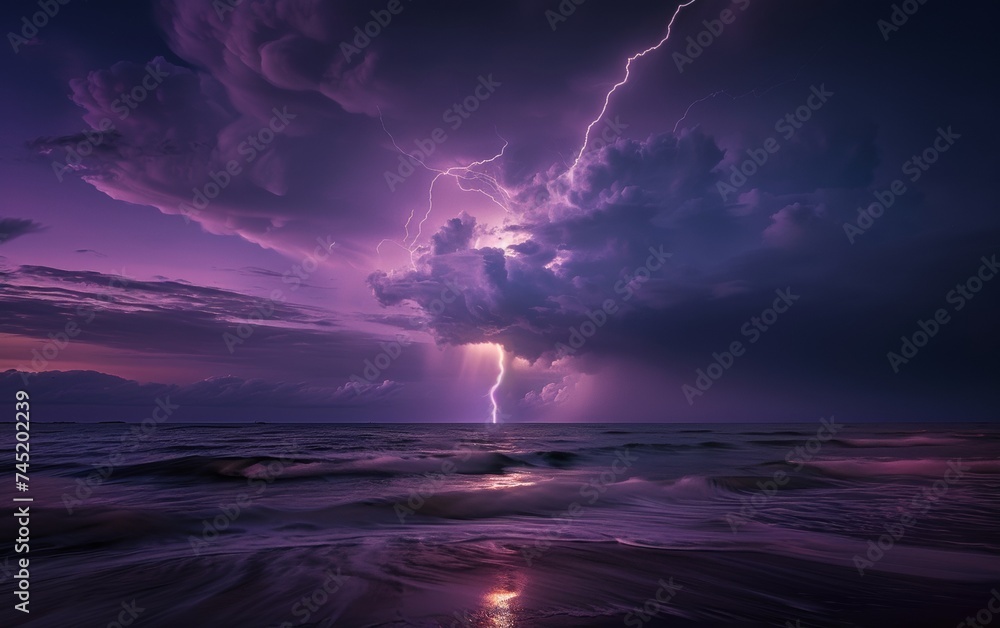 Lightning Bolt Illuminating the Night Sky Over the Ocean