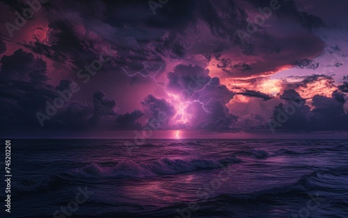 Lightning Bolt Illuminating the Night Sky Over the Ocean