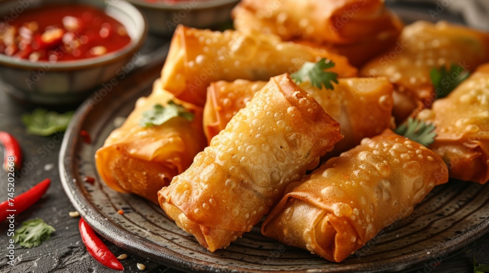 a Thai Spring Roll platter, crispy and golden with sweet chili sauce, appetizer dish a Thai Spring Roll platter, crispy and golden with sweet chili sauce, appetizer dish