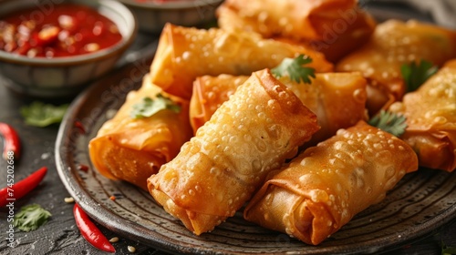 a Thai Spring Roll platter, crispy and golden with sweet chili sauce, appetizer dish