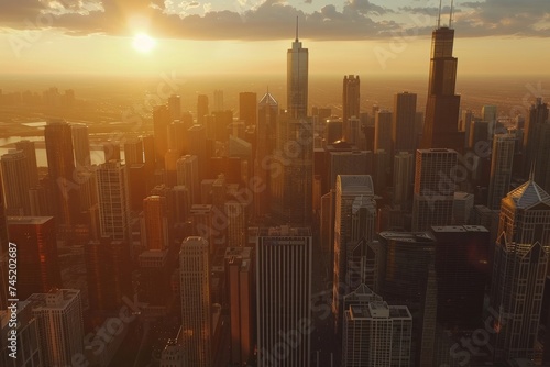 Golden Hour Glow over the Chicago Skyline from an Aerial Perspective