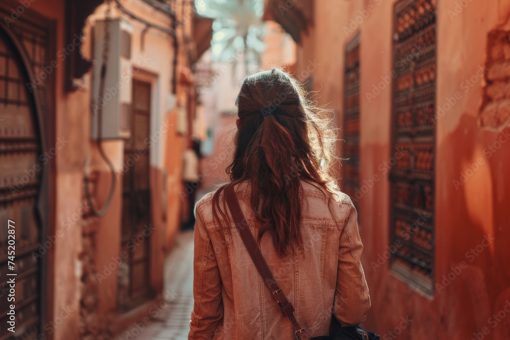 Female Solo Traveler Wandering Through Medina Streets in Marrakech Female Solo Traveler Wandering Through Medina Streets in Marrakech