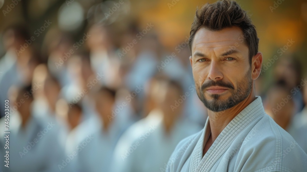 A man with a beard wearing a traditional kimono is standing in front of a diverse group of people A man with a beard wearing a traditional kimono is standing in front of a diverse group of people
