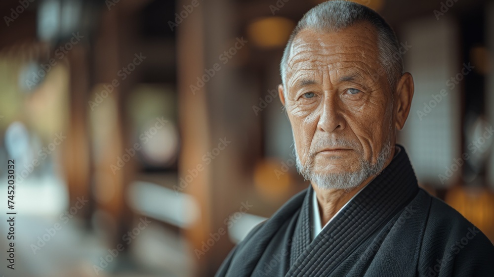 An elderly man of multiracial descent wearing a traditional kimono, gazes directly at the camera in a poised manner An elderly man of multiracial descent wearing a traditional kimono, gazes directly at the camera in a poised manner