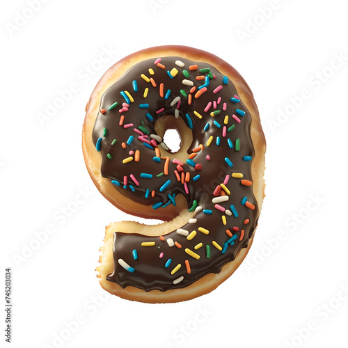 Number 9 made from donut on transparent background, PNG file. Generative AI