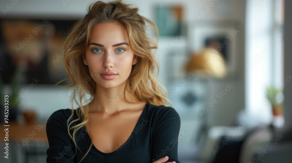 A multiracial living room features a beautiful blonde woman standing gracefully