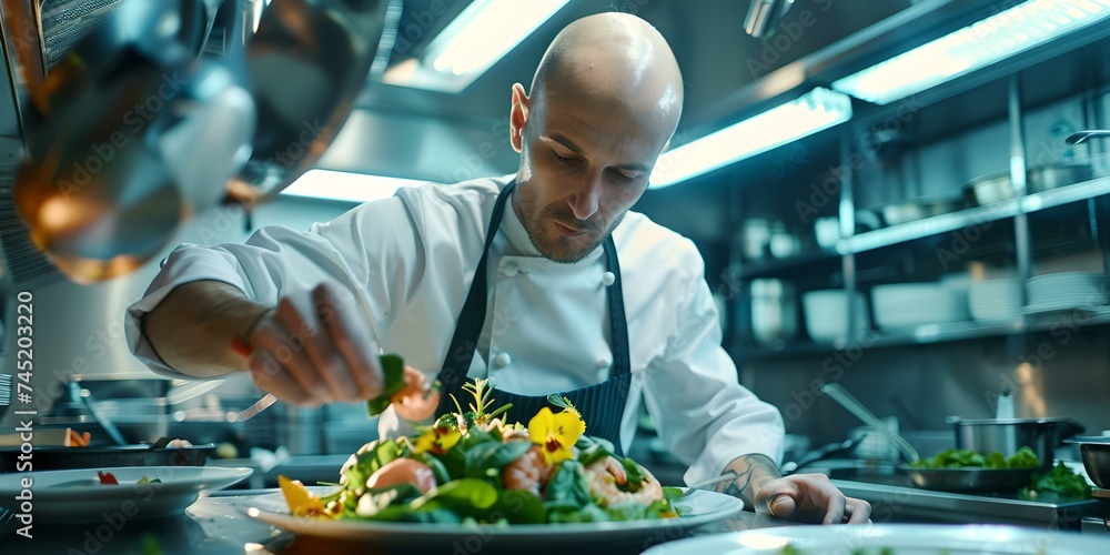 Concentrated professional chef carefully garnishing a dish in a modern kitchen, showcasing culinary art and skill. contemporary restaurant scene. AI Concentrated professional chef carefully garnishing a dish in a modern kitchen, showcasing culinary art and skill. contemporary restaurant scene. AI
