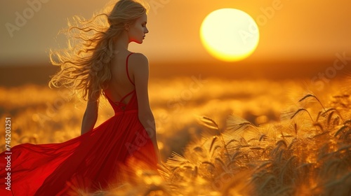 Sunset Serenade: Elegant Woman in Red Against Setting Sun
