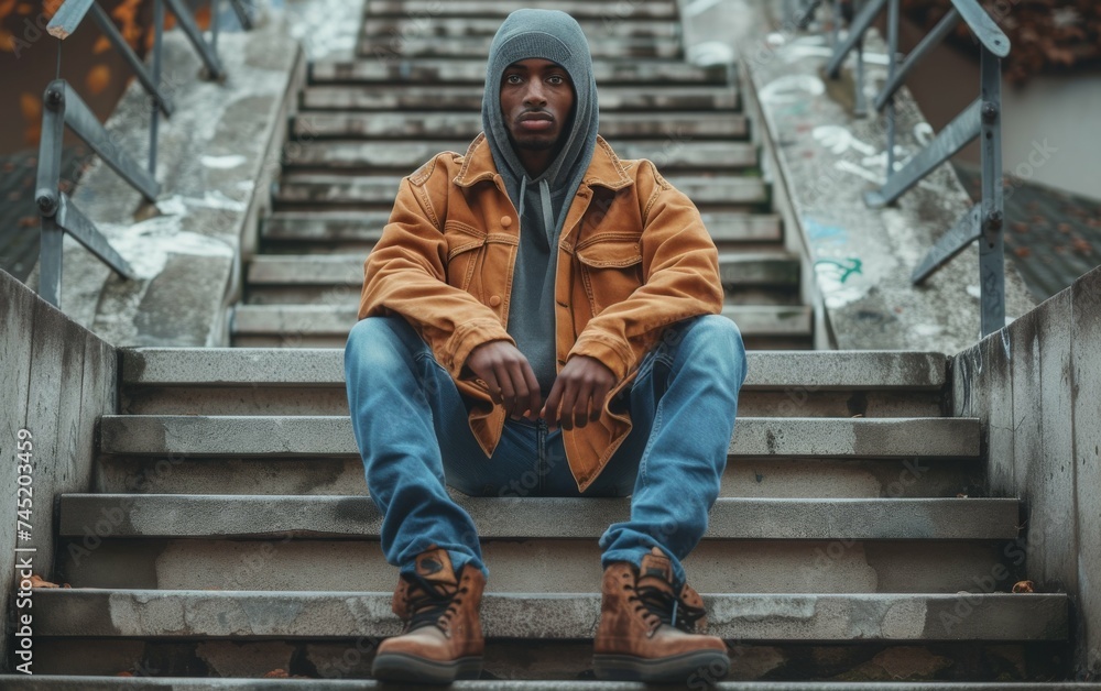 A multiracial man is sitting on top of a set of stairs, looking down, in an urban setting A multiracial man is sitting on top of a set of stairs, looking down, in an urban setting