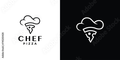 Creative Chef Pizza Logo. Chef Hat and Pizza with Linear Outline Style. Italian Food Logo Icon Symbol Vector Design Template.