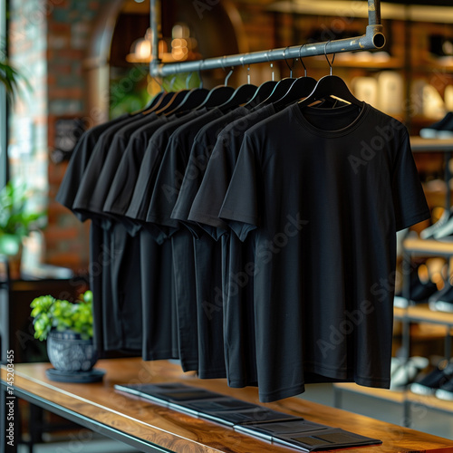 Black t shirts displayed on a hanger in a modern retail, clothing store, shop. T-shirt mockup template with copy space for logo and text.